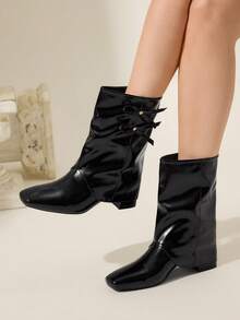 CUCCOO CHICEST Women's Autumn/Winter New Arrival Metal Bow Square Toe Block Heel Elegant Sweet Commute Casual Fashion Personalized Comfortable Black Faux Leather Patent Leather Ankle Boots, Suitable For Afternoon Tea, Date, Fashion Party, Workplace, Collegiate, Streetwear,, Basic Versatile, Christmas, Thanksgiving, New Year - Black - View 7
