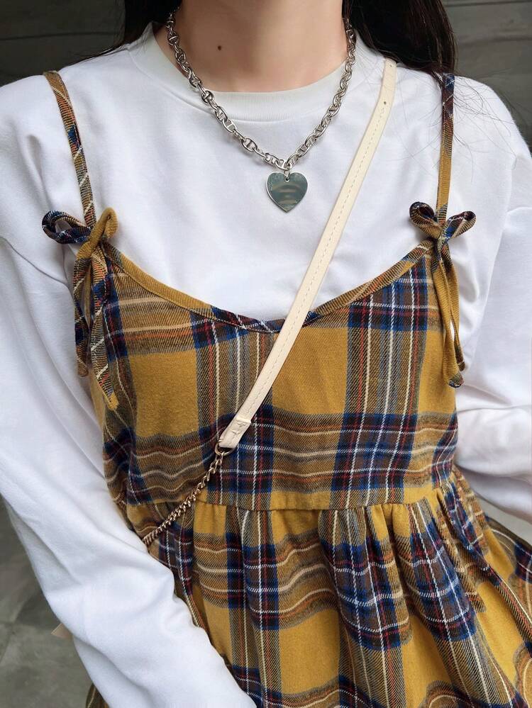 FRIFUL 女士格子吊带蝴蝶结交叉A字拼接休闲背心，秋季 - 卡其色 - 查看 3