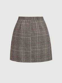 SHEIN Tall CURVE 大码女式休闲保暖格子A字开衩半身裙，秋冬款 - 棕色 - 查看 2