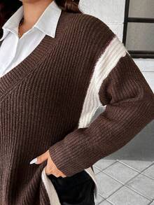 Easura كنزة صوفية كاجوال فضفاضة بياقة على شكل V وألوان متباينة للنساء، شتوي - قهوة بني - مشاهدة 5