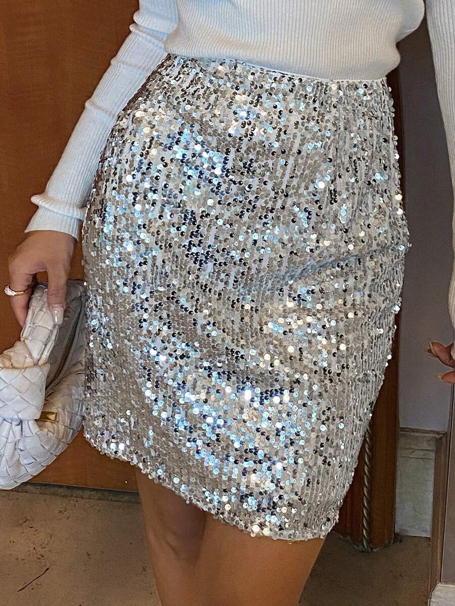 Livesso Sequin Mini Skirt, Elegant For New Year, Christmas, Party, Wedding, Banquet, Autumn/Winter Carnival - Silver - View 1
