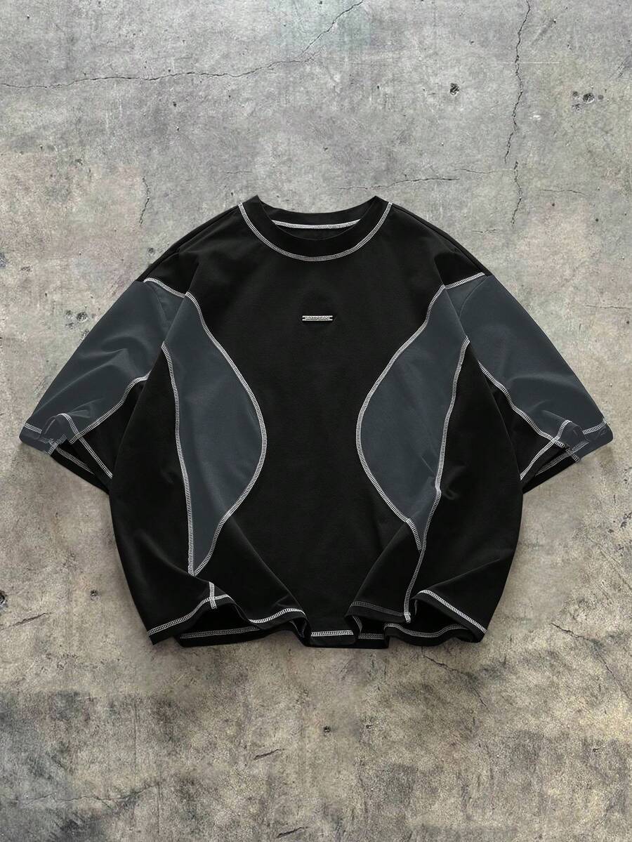 AXEPEAK Kaos Kasual Pria Ukuran Besar dengan Blok Warna, Musim Panas - Hitam - View 1