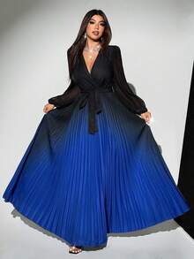 Rafferiza 女式渐变色腰带V领网眼拼布长袖连衣裙 - 彩色 - 查看 4