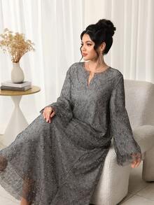 Al Najma 宽松休闲网纱土耳其长裙及阿拉伯传统长袍，秋冬款 - 灰色 - 查看 7