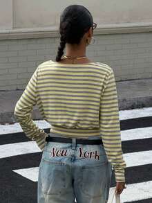 SHEIN EZwear 女士时尚新款黄色条纹长袖针织彩色条纹T恤，适合外出、街头服饰、Y2K风格 - 彩色 - 查看 2