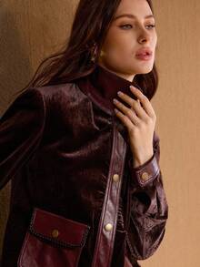 MOTF PREMIUM WOMEN'S SOLID COLOR VELVET PATCHWORK LEATHER DECORATIVE ROPE POCKET ELEGANT LONG SLEEVE JACKET - Burgundy - View 5