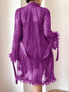SHEIN 1 Set Plus Size Floral Lace Robe + Lace Slip Dress With Waist Cinching Design, 2pcs - Purple - View 2