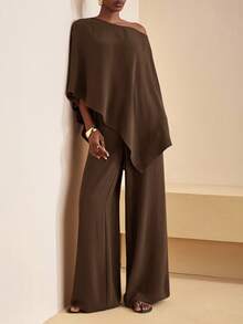 Zivah 2025 New Fall And Winter Women Clothes Casual Commuting Brown Loose One-Shoulder Irregular Top + High Waist Wide-Leg Trousers Women Two Pieces Set, ,Back To School,Country Concert Outfit,Homecoming,Halloween,Christmas,Brunch Outfits For Women,Going Out Outfits , Church Outfits Women,Travel, Shopping-A,Fall,Fall Clothes For Women,Women's Winter Clothes - Coffee Brown - View 7