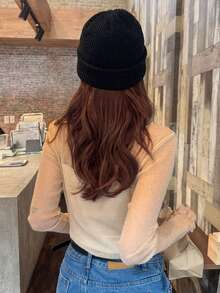 FRIFUL 女士秋季薄纱圆领荷叶边网纱修身长袖衬衫 - 杏色 - 查看 5