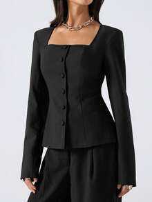 LYSMO Áo khoác blazer nữ cổ vuông tay dài cài nút đơn màu thời trang - màu đen - Xem 3