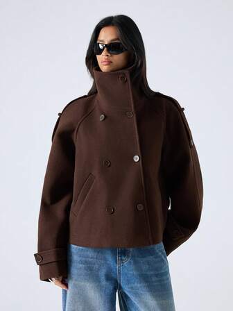 LYSMO 女士纯色插肩袖双排扣休闲外套，秋冬款