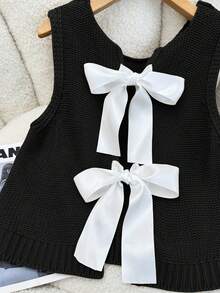 Elamini Casual Versatile Bowknot Knitted Vest - Black - View 4
