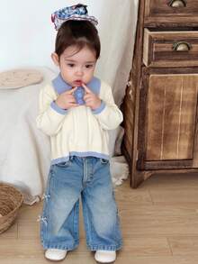DAZY Sweater Lengan Panjang Berkerah Warna Kontras Kasual untuk Balita Perempuan, Gaya Korea - Aprikot - View 5