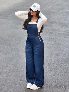 Flexra 女士休闲通勤水洗牛仔背带裤 - 深色水洗藍 - 查看 4