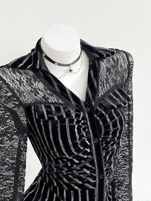 SHEIN Unity Women's Fashionable Commuter Lace Patchwork Striped Shirt, Autumn - Black - View 5