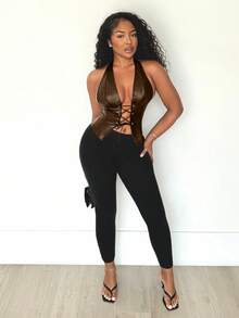 Alexandranx 俱乐部仿皮外出性感上衣西部露背前蕾丝短款上衣假日伊比沙岛沙滩装假日夜间外出上衣俱乐部万圣节派对 - 棕色 - 查看 1