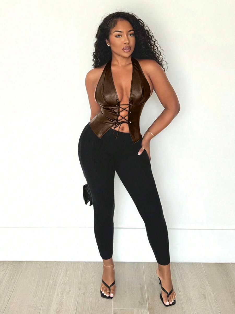 Alexandranx 俱乐部仿皮外出性感上衣西部露背前蕾丝短款上衣假日伊比沙岛沙滩装假日夜间外出上衣俱乐部万圣节派对 - 棕色 - 查看 1