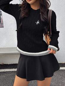 Ritzy Row Women's Contrast Color Embroidered Sweater, Autumn/Winter - Black - View 6
