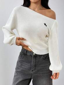 SHEIN PETITE Suéter de mujer con hombros en diagonal y costillas, manga larga, suéter con hombros descubiertos - Beis - Ver 11