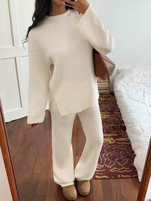 SHEIN Unity 2pcs Women's Solid Color Round Neck Drop Shoulder Long Sleeve Sweater And Knit Pants Casual Suit, Fall Autumn/Winter - Beige - View 5