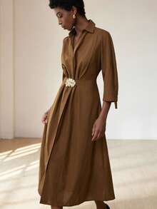 Aveloria Modichic Conception de navetteur, décoration de taille boutonnée, robe ajustée à col V plissé avec manches retroussées à la mode - Marron - Voir 3