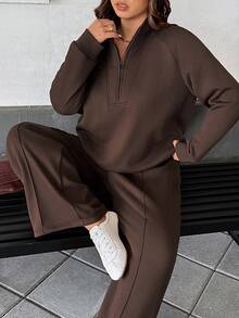 Easura 2pcs/Set Fashionable Casual French Retro Elegant Commuting Stand Collar Sweatshirt - Coffee Brown - View 4