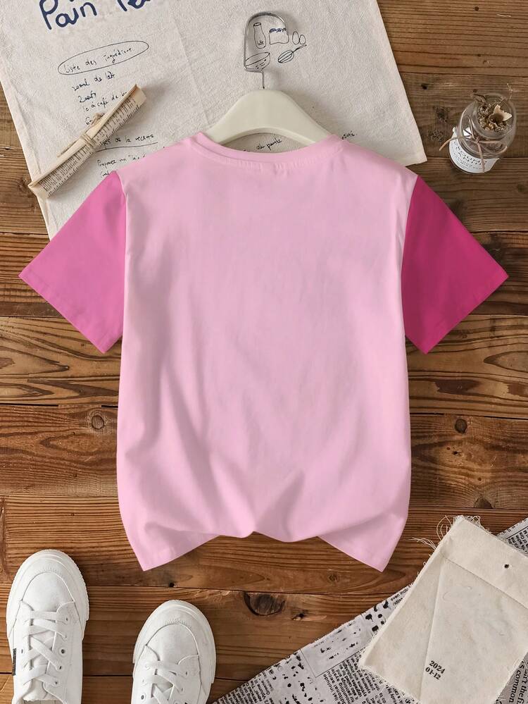 GARFIELD | SHEIN Tween Girls' Casual Colorblock Letter & Cat Print Round Neck Short Sleeve T-Shirt, Summer Graphic Tee - White - View 2