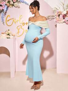 Loomaby 孕妇露肩长袖修身夸张蝴蝶结连衣裙