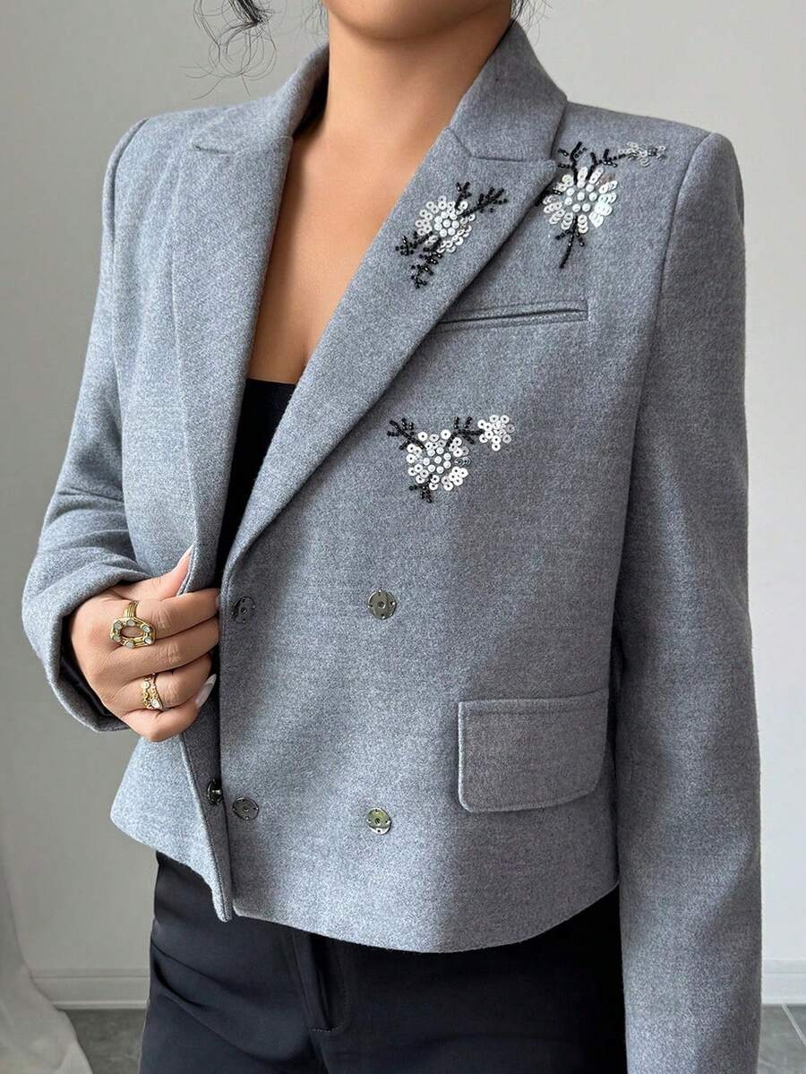 Gloray Blazer feminino cinza escuro com lantejoulas, elegante e moderno - Cinza - Ver 1