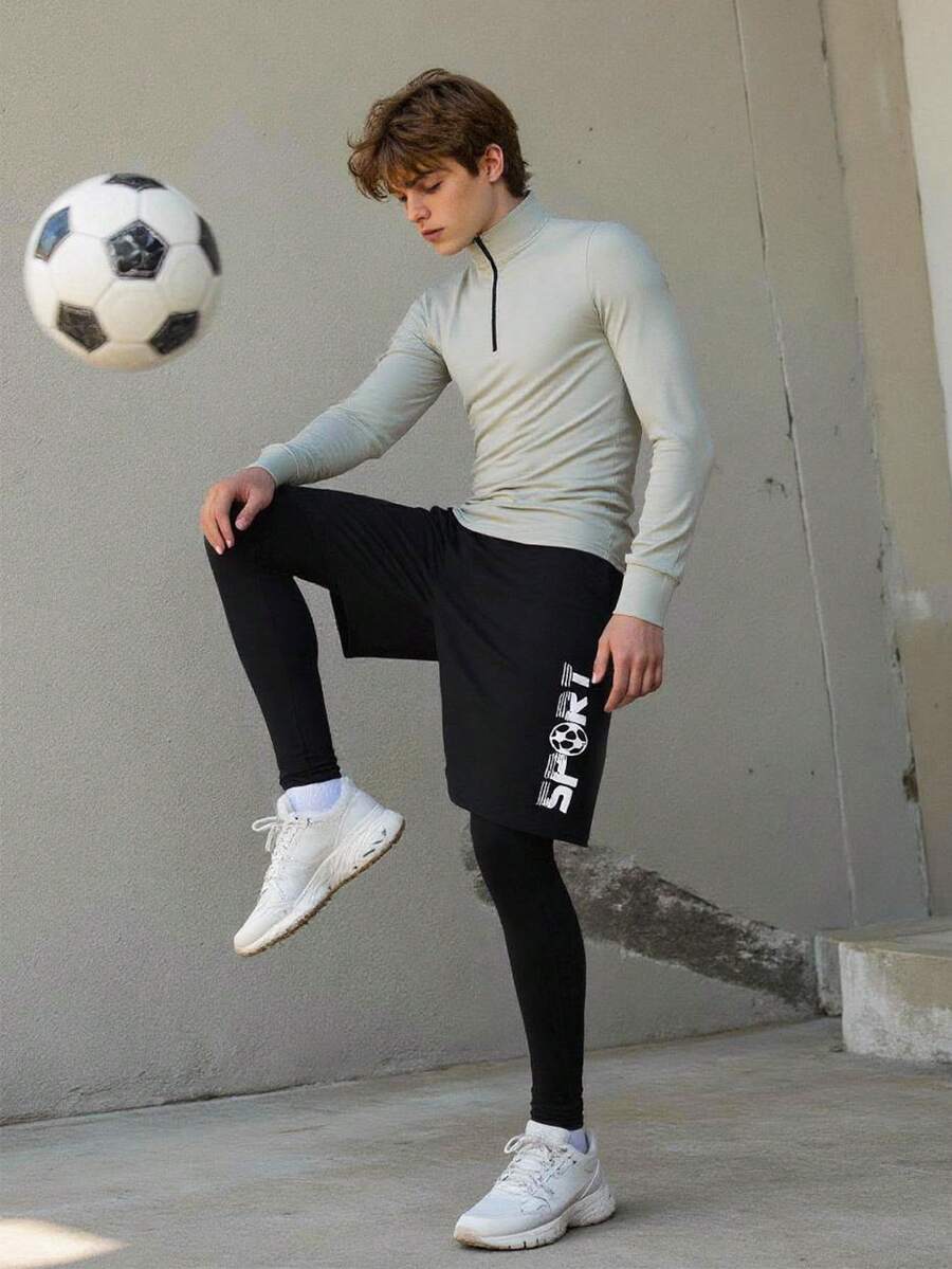 SHEIN 青少年男童立领半拉链运动印花卫衣及撞色印花慢跑裤套装，休闲校园运动服，面料柔软，适合日常穿着、上学、户外活动和运动。 - 彩色 - 查看 1