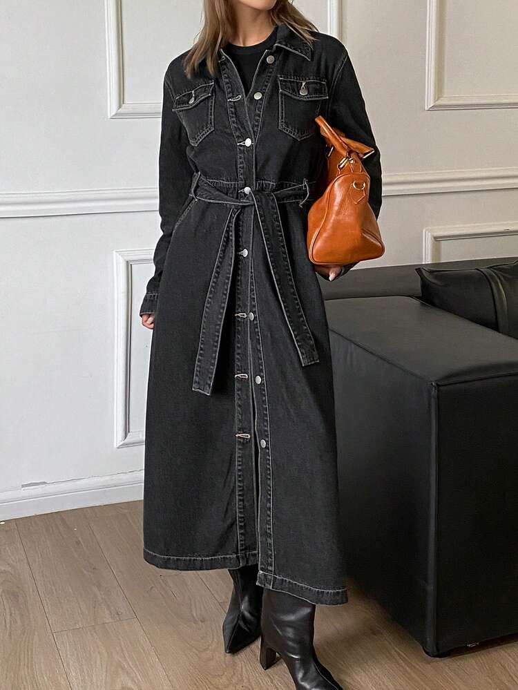 Women's Casual Washed Pocket Belt Denim Dress, Autumn