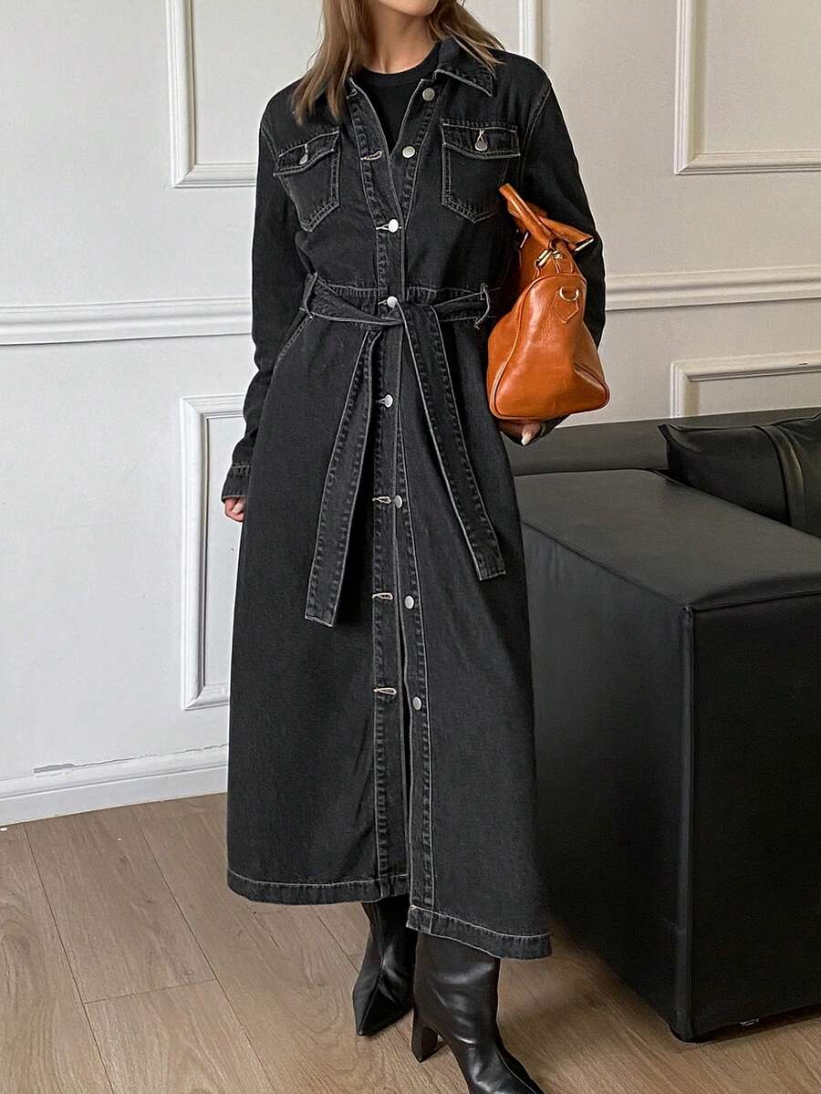 DAZY Women's Casual Washed Pocket Belt Denim Dress, Autumn - Dark Grey - View 1