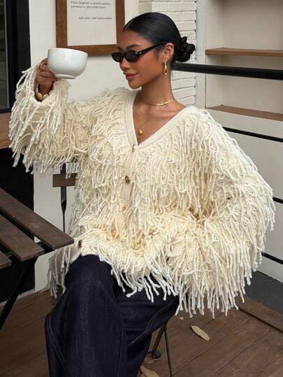 Ritzy Row Women's Casual V-Neck Metal Button Elegant Tassel Drop Shoulder Cardigan Sweater Fringe Cardigan Women Knitted Fringe Sweater Fringe Tops Fringe Clothing Women Summer Sweaters For Women