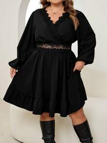 SHEIN CURVE+ Váy ren vá màu trơn thanh lịch cỡ lớn - màu đen - Xem 4