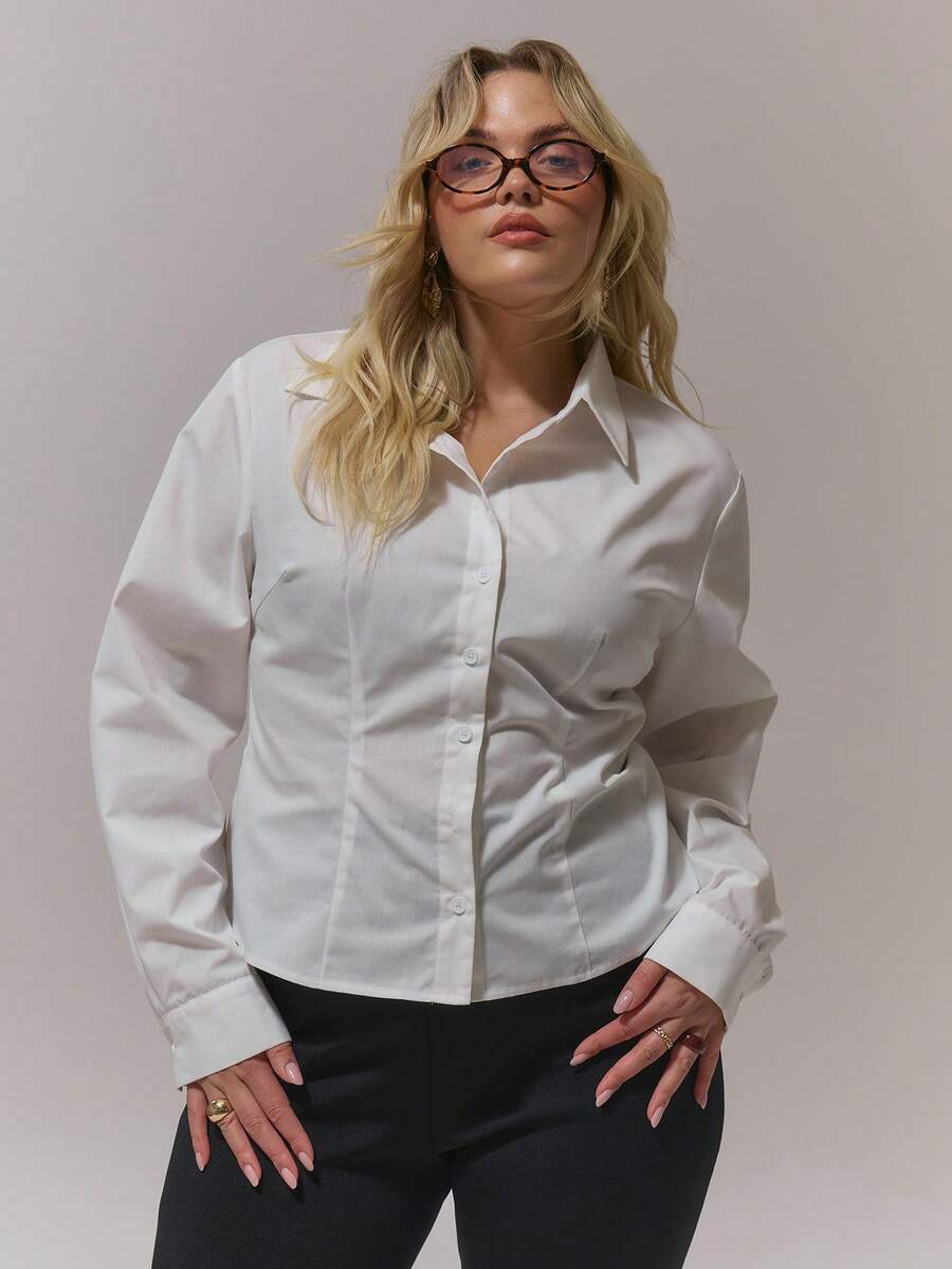MUSERA Plus Size Blouses Cinched Waist Fitted Wasitline Spring Summer Business Casual Holiday - White - View 1