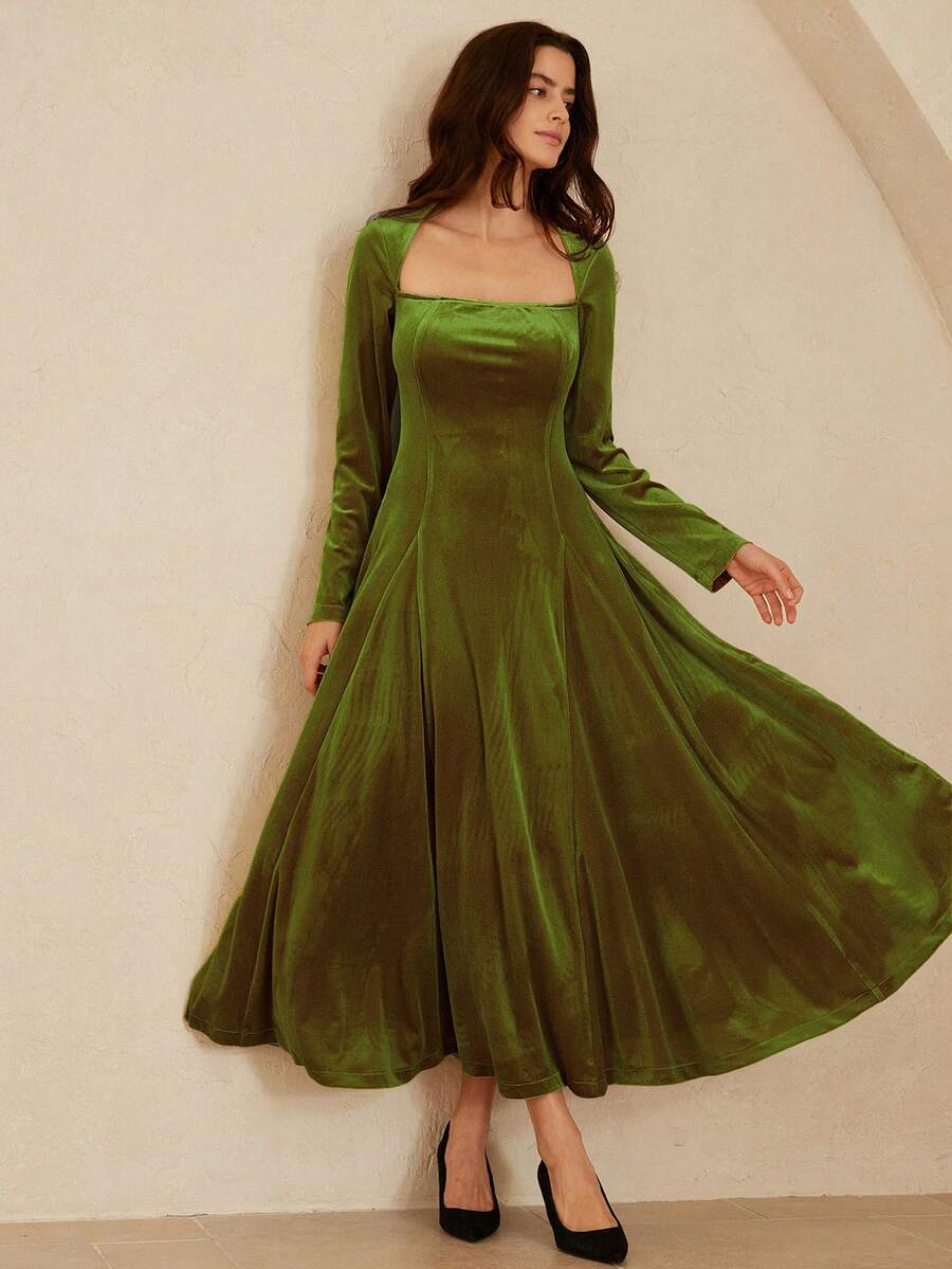 EMERY ROSE Váy dài bồng bềnh dáng chữ A cổ vuông thanh lịch sang trọng kiểu Pháp, vải nhung trơn màu gợi cảm, thiết kế nhiều lớp, khóa kéo sau lưng, váy dài xếp nếp cao cấp, phù hợp cho các dịp trang trọng mùa thu/đông, tiệc tối - Màu xanh Ô liu - Xem 1