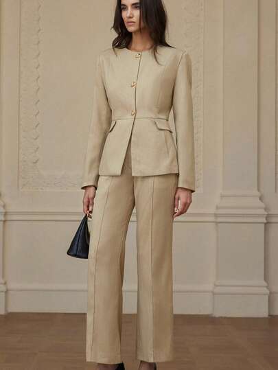 Aveloria Rosie 两件套：时尚翻领装饰通勤西装外套和休闲裤