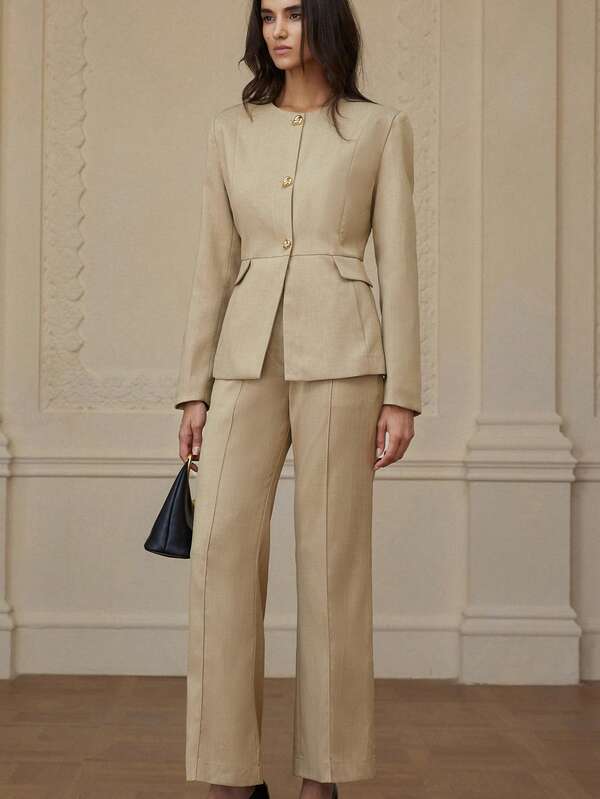 Aveloria Rosie Set de 2 piezas: Chaqueta de blazer con decoración de solapa para commuter y pantalones casuales