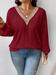 SHEIN Frenchy Damen Große Größen V-Ausschnitt Patchwork Spitze Laternärmel Gestreiftes Loose T-Shirt, Lässig & Urlaubsstil, Frühling/Herbst - Rot-violett - Übersicht 4