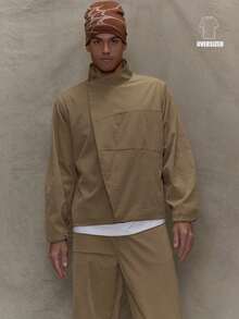 Musero Men Long Sleeve Oversized Stand Collar Hidden Asymmetric Placket Press Button Fastening Co-Ord Sets Top Only Fall/SPRING SUMMER Clothes - Khaki - View 1