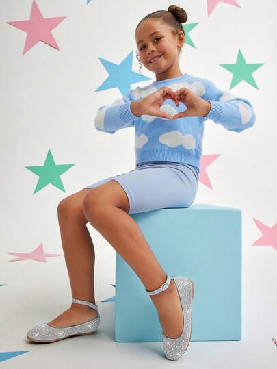 Mini mi Bailarinas azules con puntera redonda, tira de tobillo con cristales y espuma de memoria para niños - Brillo total con cristales de tamaños mixtos para ocasiones elegantes