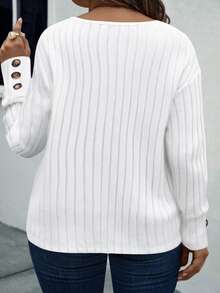 EMERY ROSE Women's Autumn/Winter V-Neck Ribbed Knit Long Sleeve Plus Size T-Shirt - White - View 2