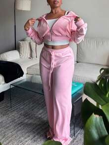 Tyla Gomez Zipper Front Hooded Jacket And Pants Set - Pink - View 5