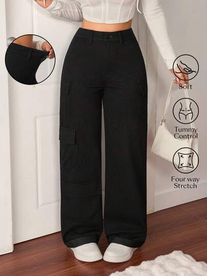 Flexra Women's Solid Color High Waist Fashionable Cargo Style Loose Straight Leg Jeans