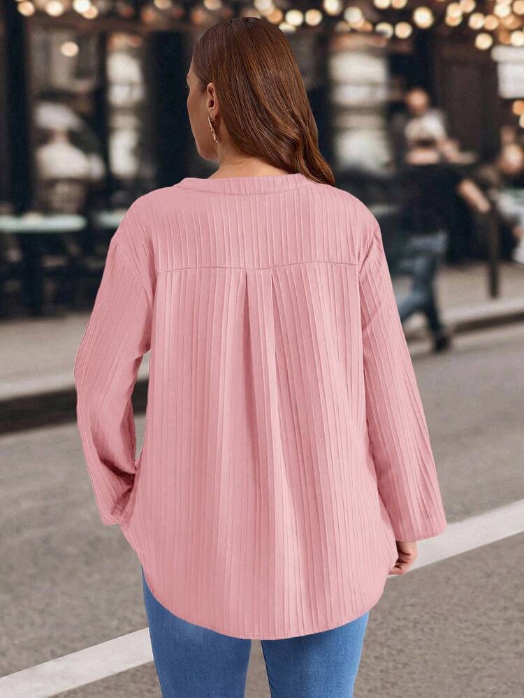 Plus Size Solid Color Notched Neck Roll Up Sleeve Casual Blouse ,Winter Clothes Christmas Thanksgiving Shirt New Year Look Stylish Women's Blouses  Stylish Clothing Collection
