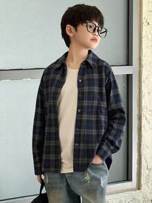 Dazy Kids Tween Boys' Loose Casual Plaid Shirt, Autumn - Navy Blue - View 12