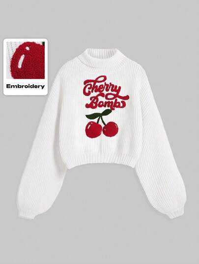 Fairycore Suéter pull over de mujer de talla grande con cuello alto, bordado de logo de flores de cerezo y mangas farol