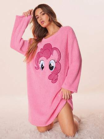 My Little Pony X SHEIN Women's Cute Pony Embroidered Long Sleeve Fleece Sleep Dress, Autumn/Winter Cute Sleep Wear Women Pinkie Cute Sleepwear Gown For Woman, Fluffy Cozy