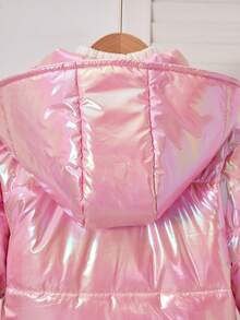 Abrigo acolchado con capucha y cremallera frontal de unicolor para niña, invierno - Rosa Pálido - Ver 3