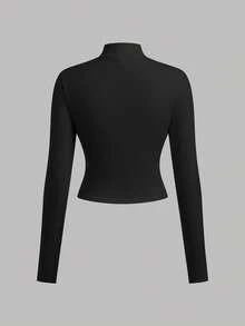 SHEIN Teen Girl Knight Print Long Sleeve Zip Collar Fitted T-Shirt - Black and White - View 9